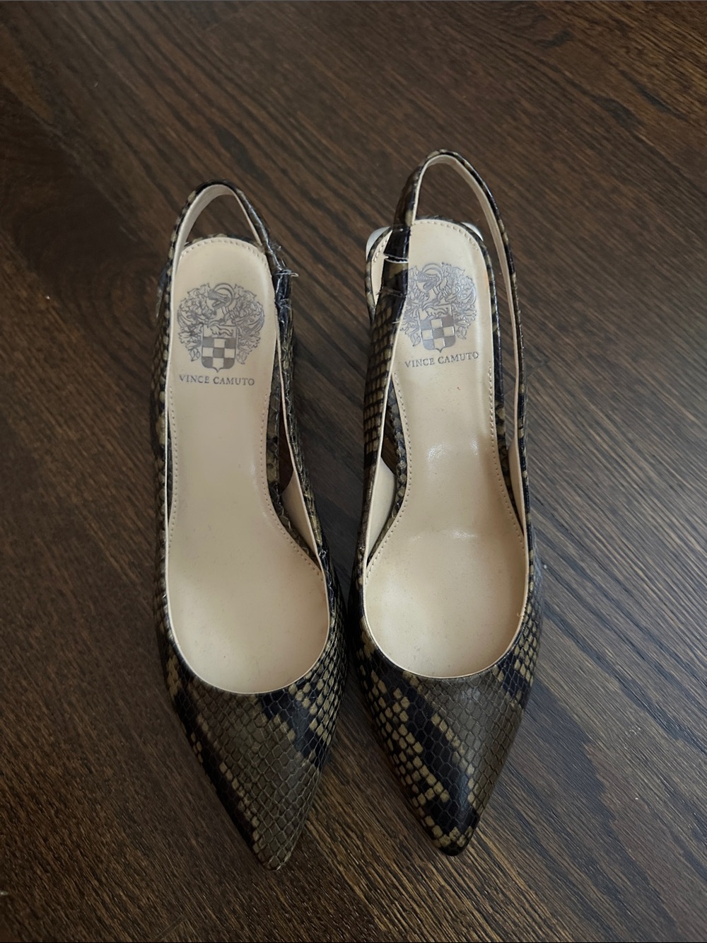 Vince Camuto Snake-Print Slingback Pointed Pumps in Brown and Black